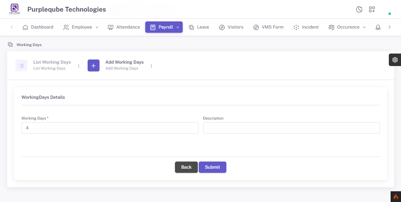 Add Working Days form showing Working Days Details section with Working Days and Description input fields